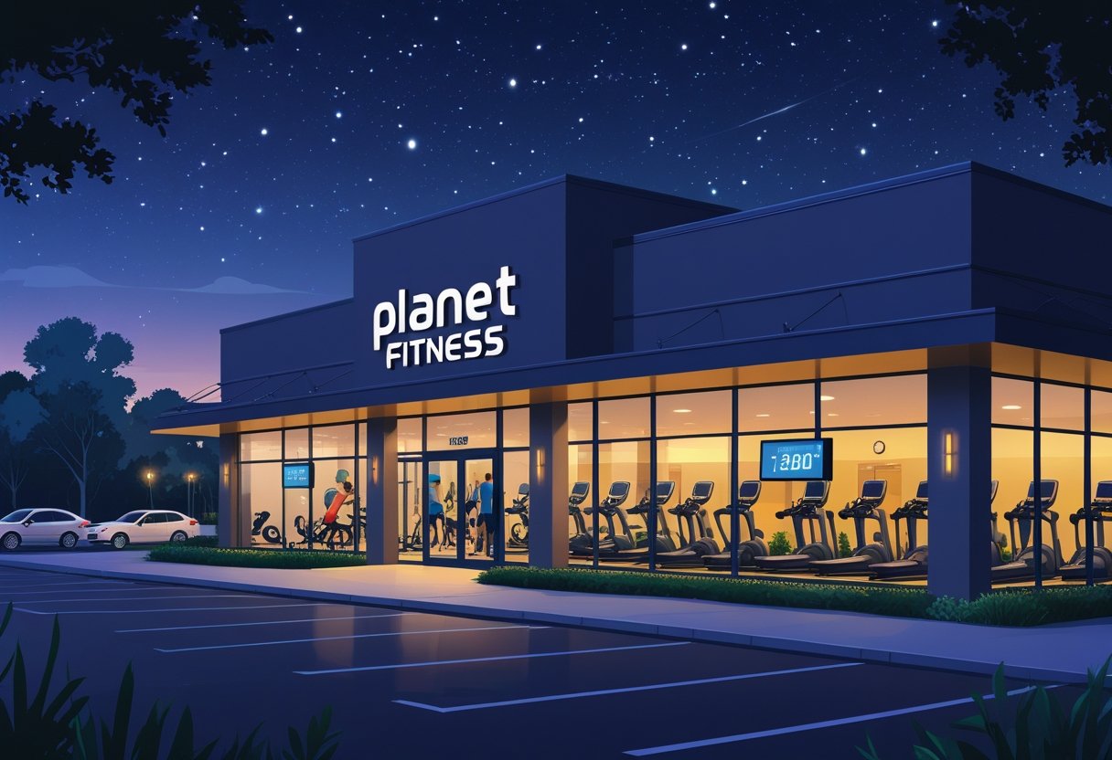 Exterior view of a Planet Fitness gym at night with lights on and people exercising inside.