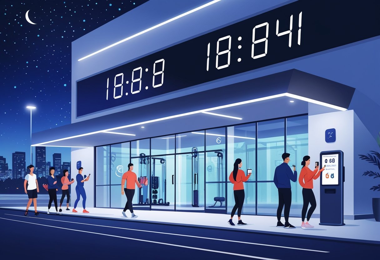 People entering a gym at night with a digital clock showing late hours and symbols representing security and access features.