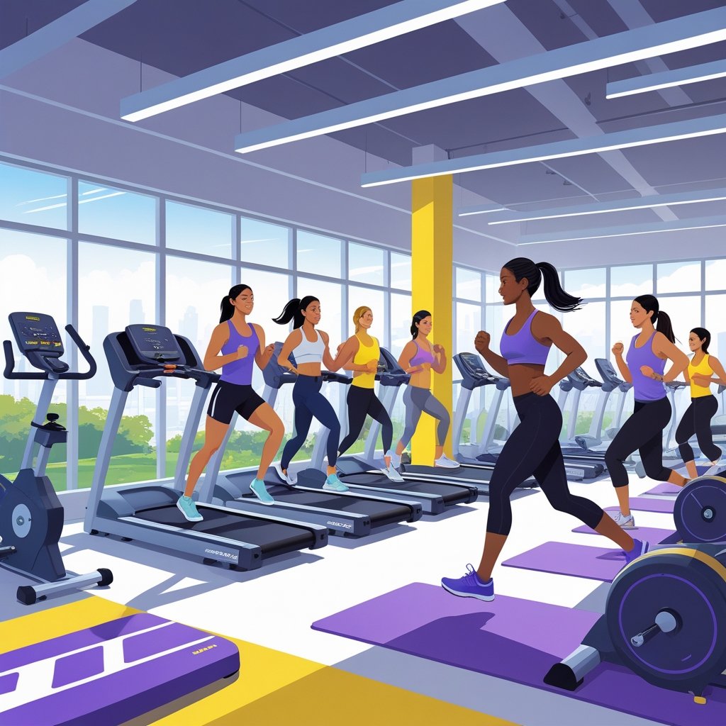 A bright gym with people of different backgrounds exercising quickly on various machines in a clean, modern space.