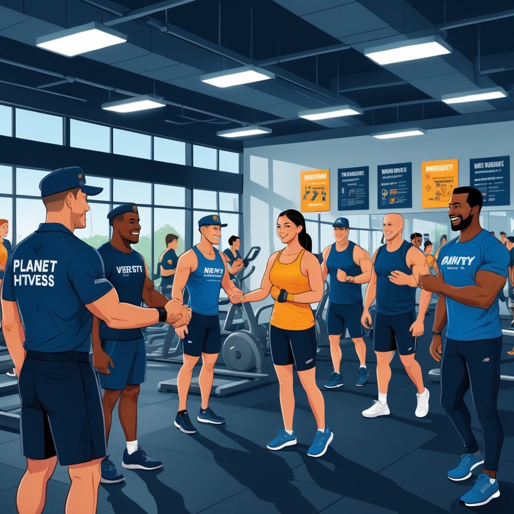 A group of veterans exercising and being welcomed by gym staff inside a modern fitness center.