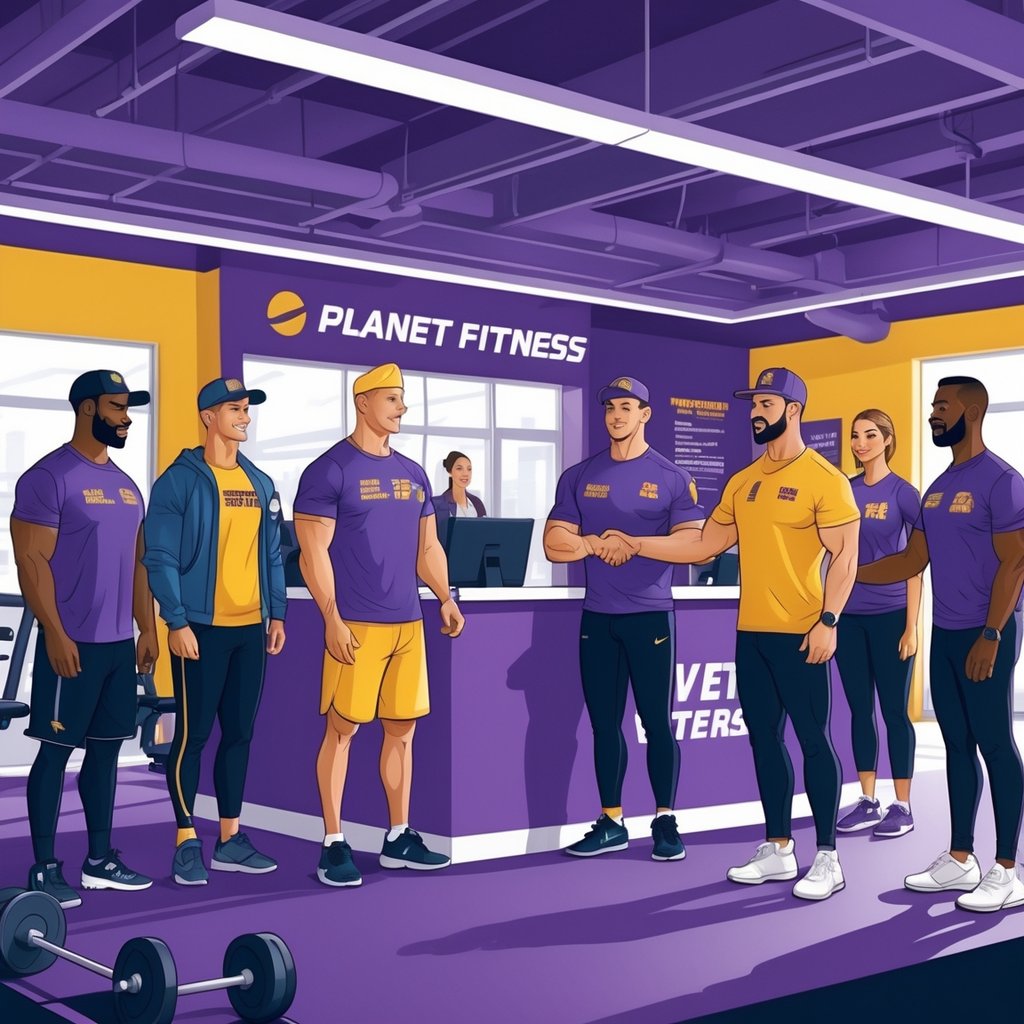 A group of veterans interacting with friendly gym staff inside a bright Planet Fitness gym with workout equipment in the background.