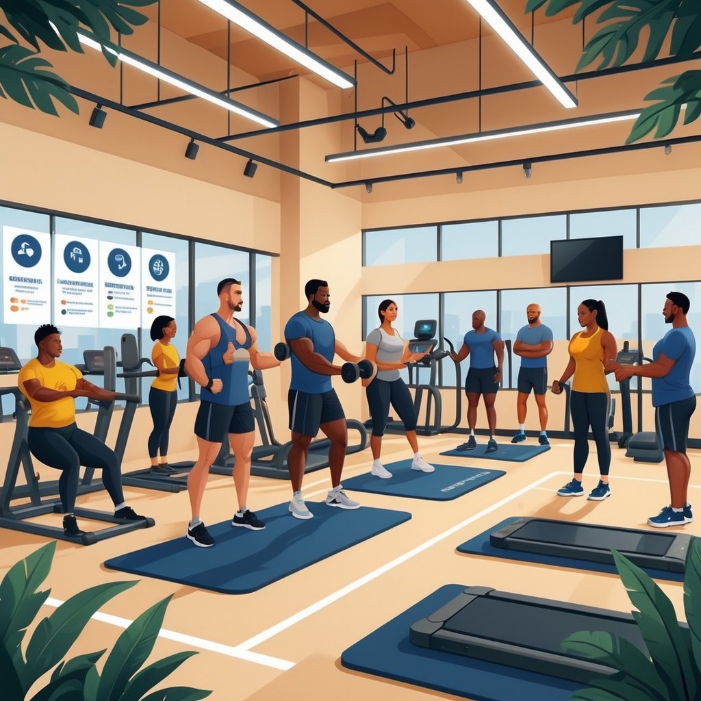 Veterans working out and receiving support in a modern gym setting with staff assisting and visual symbols of benefits and wellness programs.