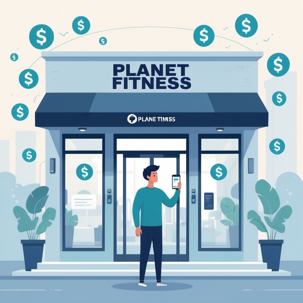 A person stands confused outside a Planet Fitness gym, holding a smartphone showing a bank app with a highlighted transaction.