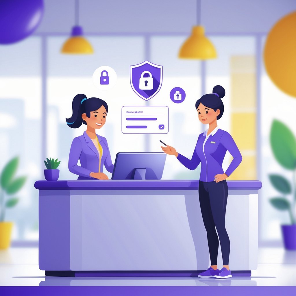 A gym receptionist and a customer at a front desk exchanging bank account information in a bright gym setting with security symbols nearby.
