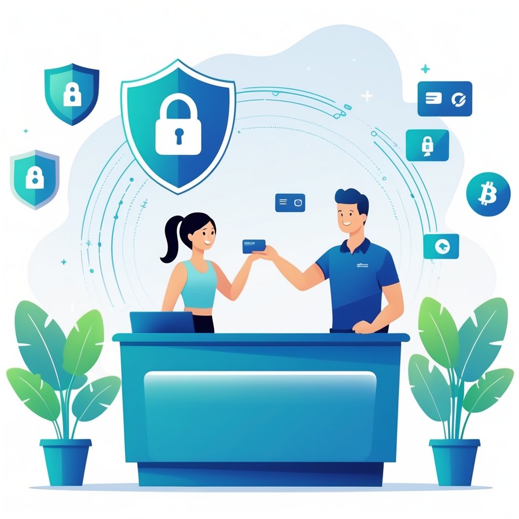 A gym member at a reception desk hesitating to give a bank card, surrounded by icons representing security, privacy, and alternative payment methods.
