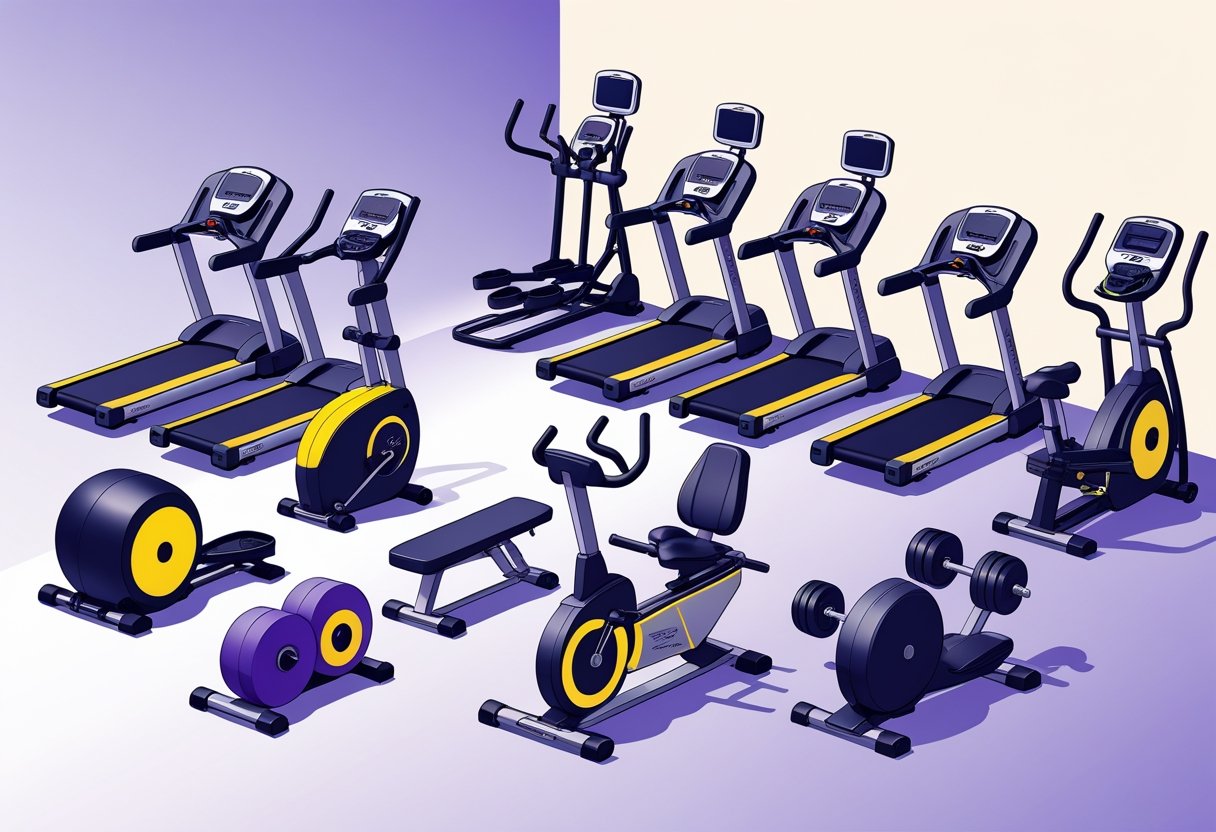 An organized layout of various gym equipment including treadmills, ellipticals, stationary bikes, weight machines, and free weights in a gym setting.