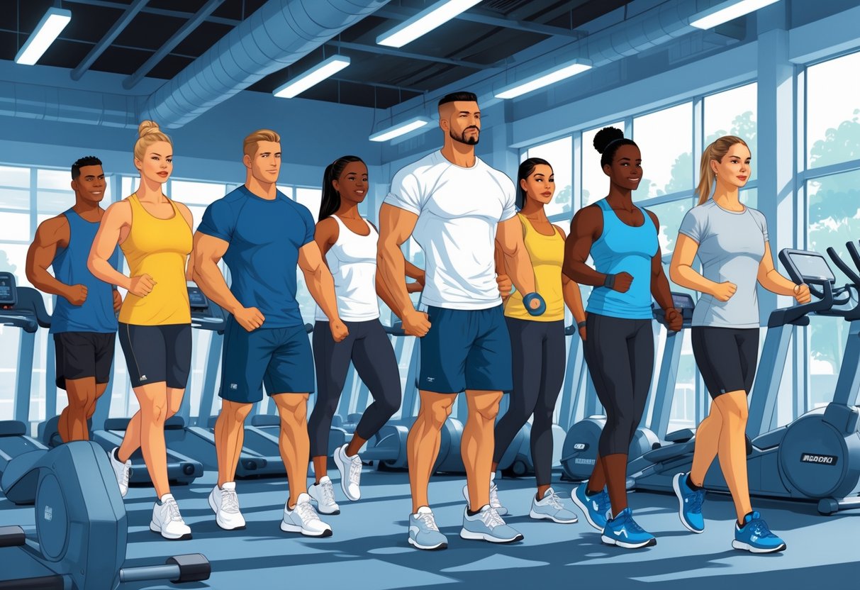 A group of people exercising in a gym wearing clean, appropriate workout clothes such as t-shirts, shorts, leggings, and sneakers.