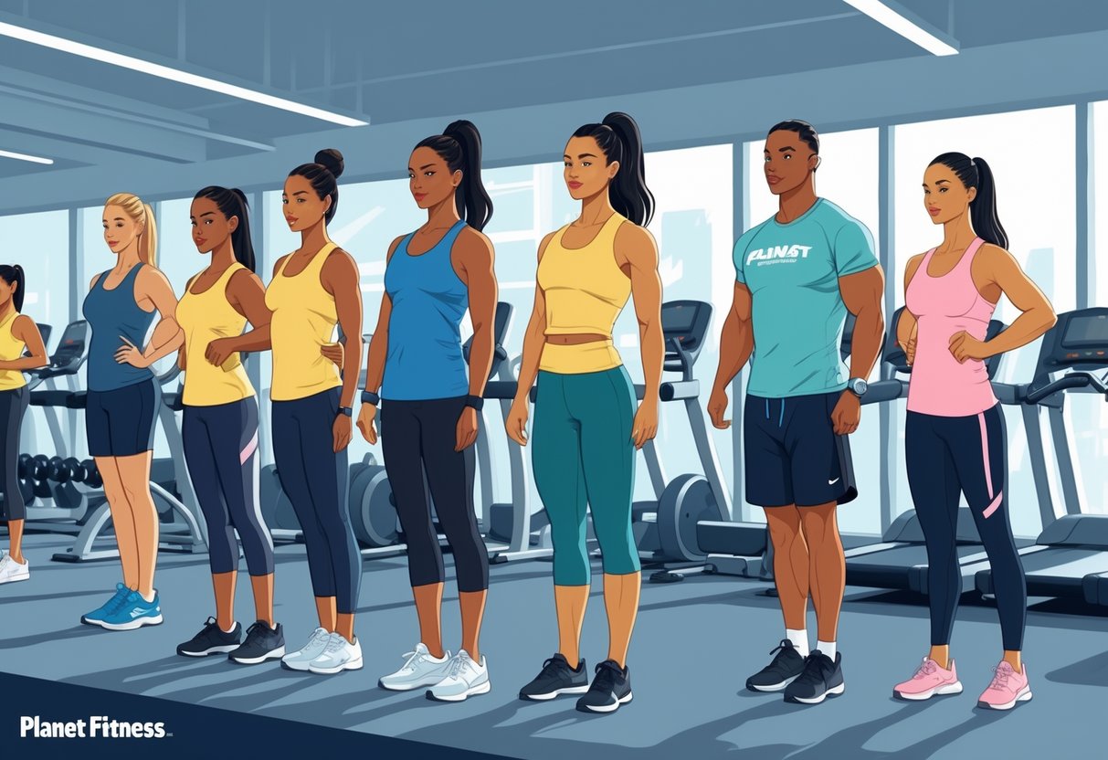 A group of people wearing appropriate gym clothes exercising in a modern fitness center.