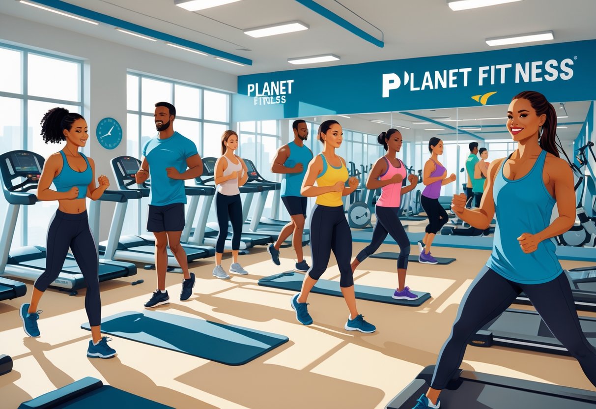 People of various ages and backgrounds exercising in a gym wearing appropriate workout clothes such as t-shirts, shorts, leggings, and athletic shoes.