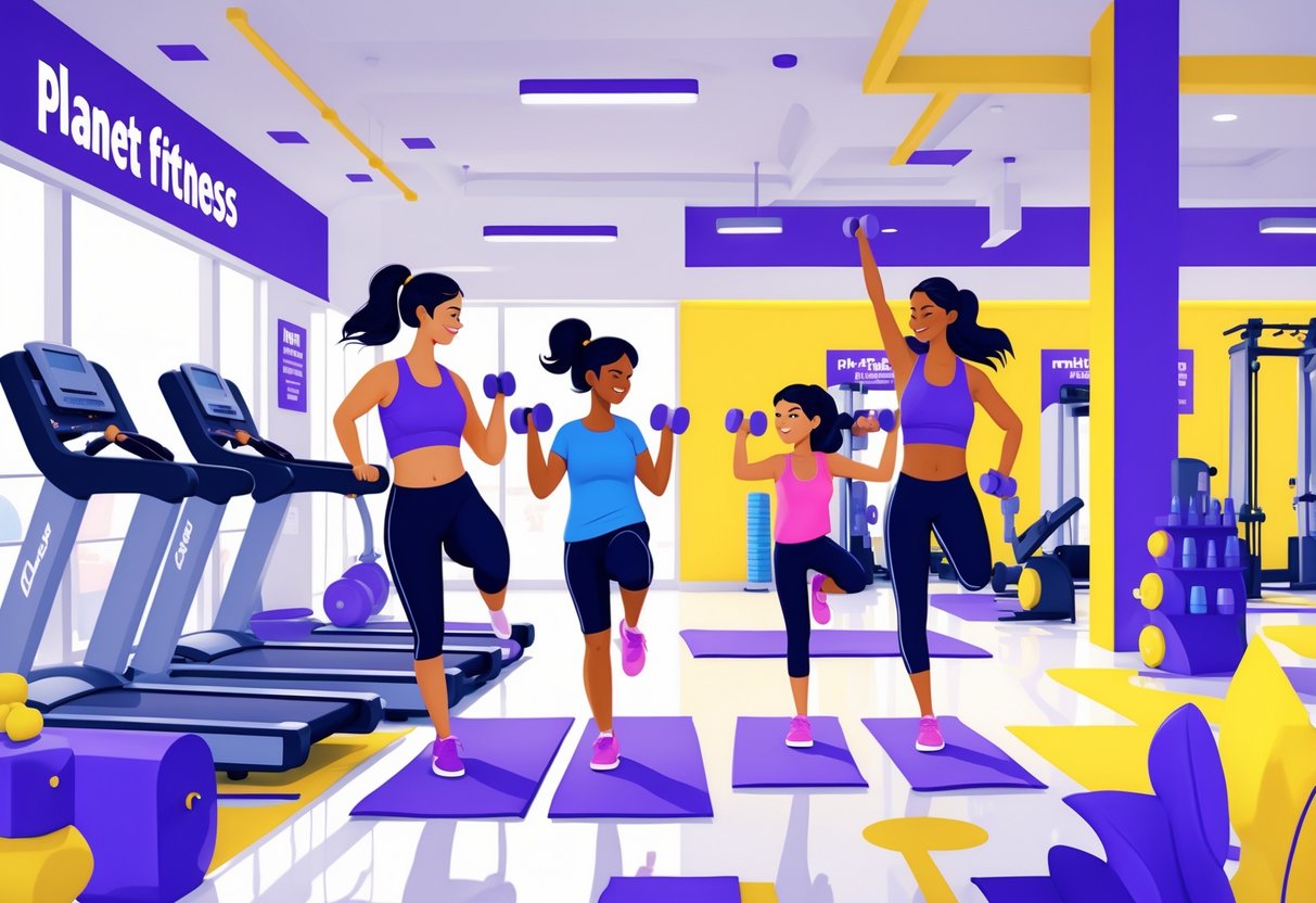 A family of four exercising together in a bright, modern gym with fitness equipment and a welcoming atmosphere.