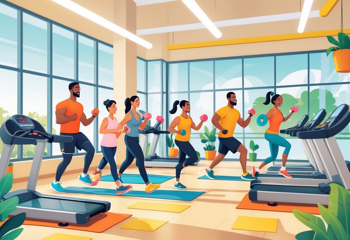 A diverse family exercising together in a bright, modern gym, using fitness machines and stretching, enjoying their workout.