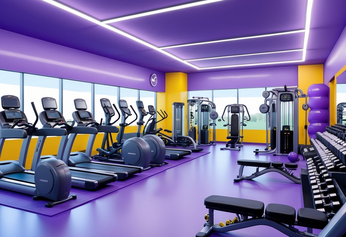 A clean and organized gym interior displaying various fitness equipment including treadmills, ellipticals, stationary bikes, strength machines, free weights, and functional training gear.