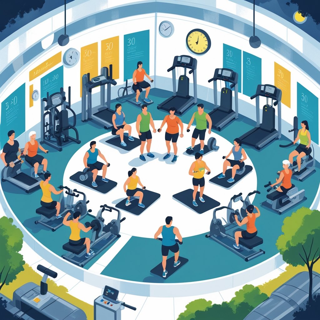 A group of diverse adults exercising on various gym machines arranged in a circular circuit workout.