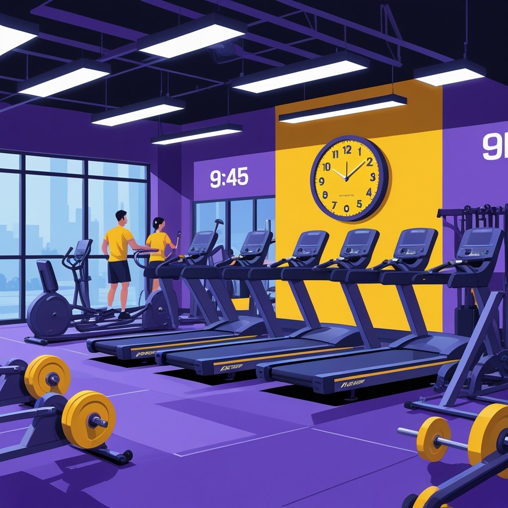 An empty Planet Fitness gym with exercise machines and a large clock showing late evening time, with staff tidying up as the gym prepares to close.