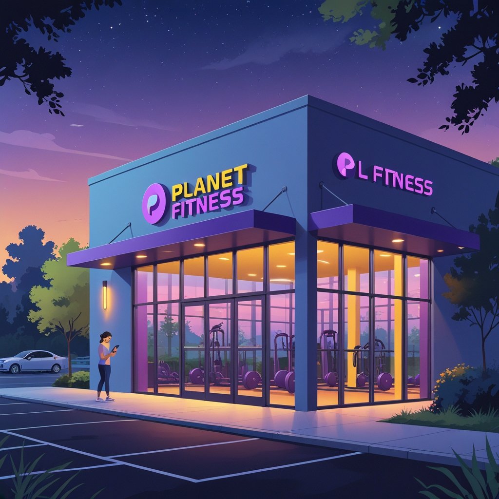 A person checking their smartphone outside a Planet Fitness gym at dusk with warm lights glowing inside.