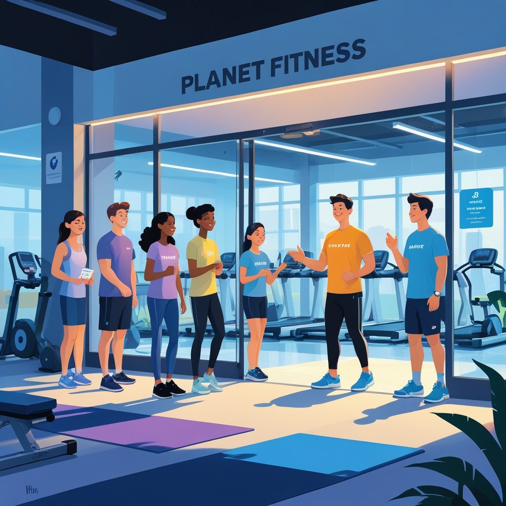 People of different ages entering a modern gym with a staff member greeting them at the entrance.