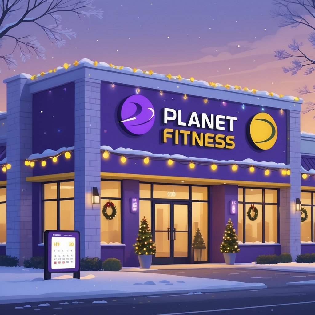 A Planet Fitness gym decorated with holiday lights and wreaths, with a digital signboard indicating holiday hours, set in a snowy early evening scene.