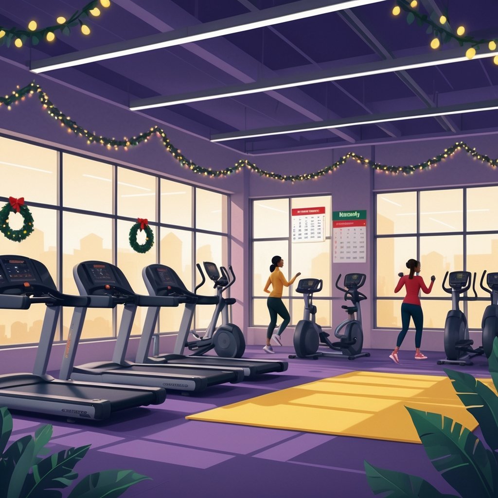 Interior of a Planet Fitness gym decorated for the holidays with exercise equipment and people working out.