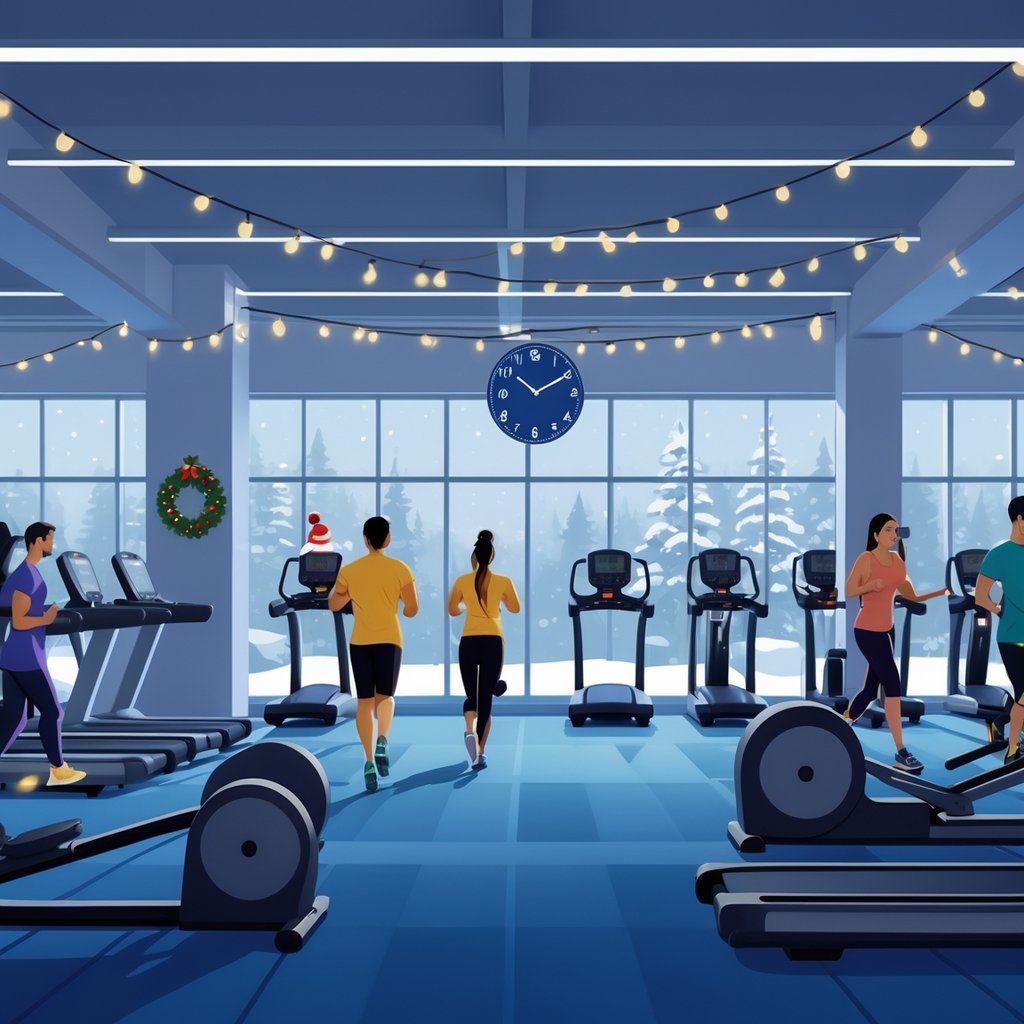 A gym interior with people exercising and holiday decorations visible through large windows showing a winter scene.