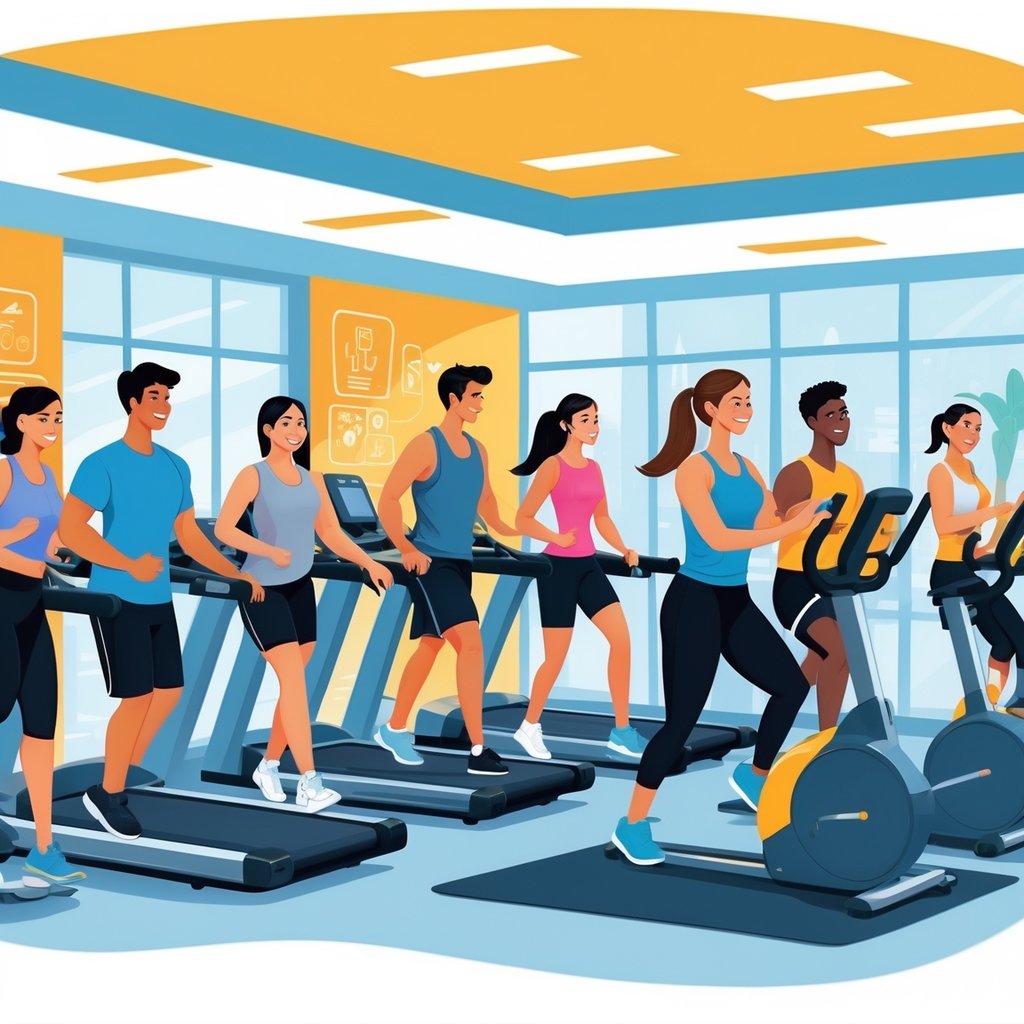Young adults exercising and using gym equipment in a bright, modern fitness center with a friendly receptionist assisting a student member.