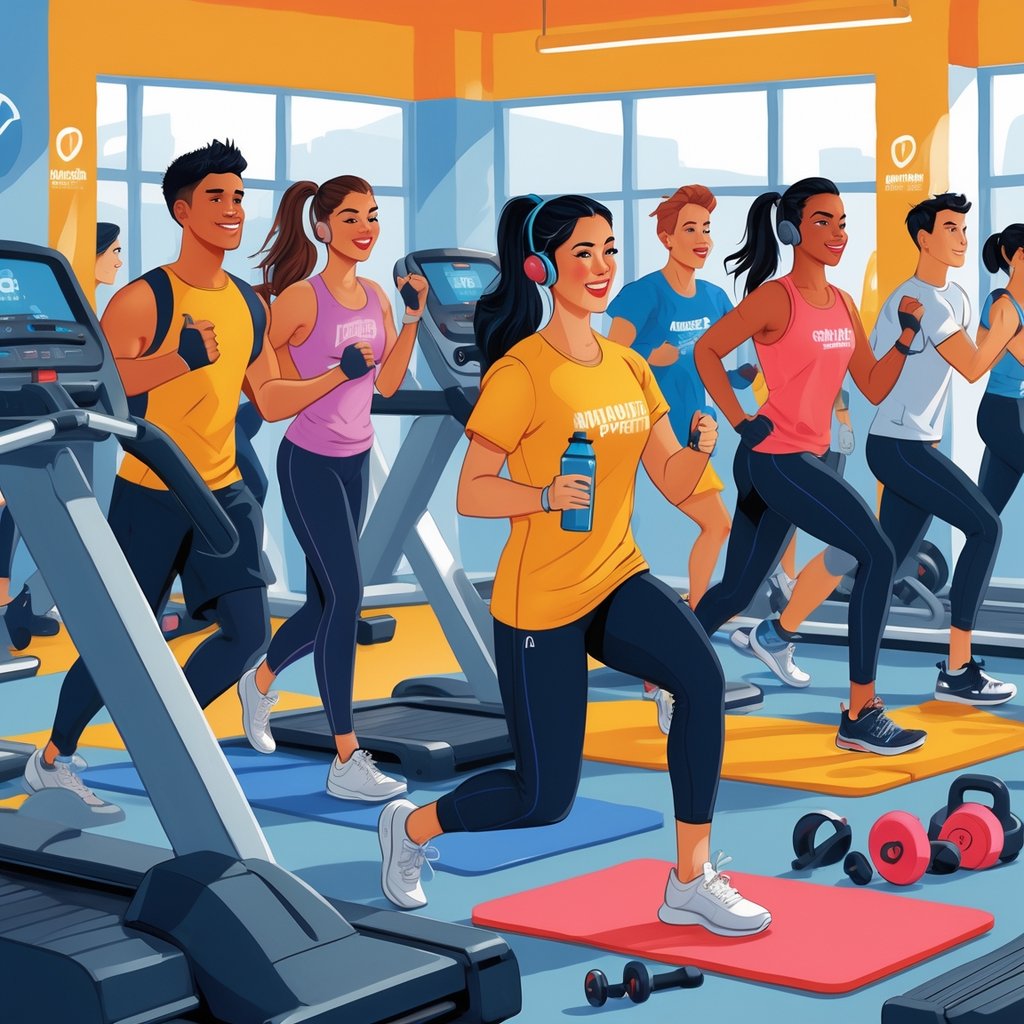 A group of diverse students exercising together in a bright gym with modern equipment, looking focused and energetic.