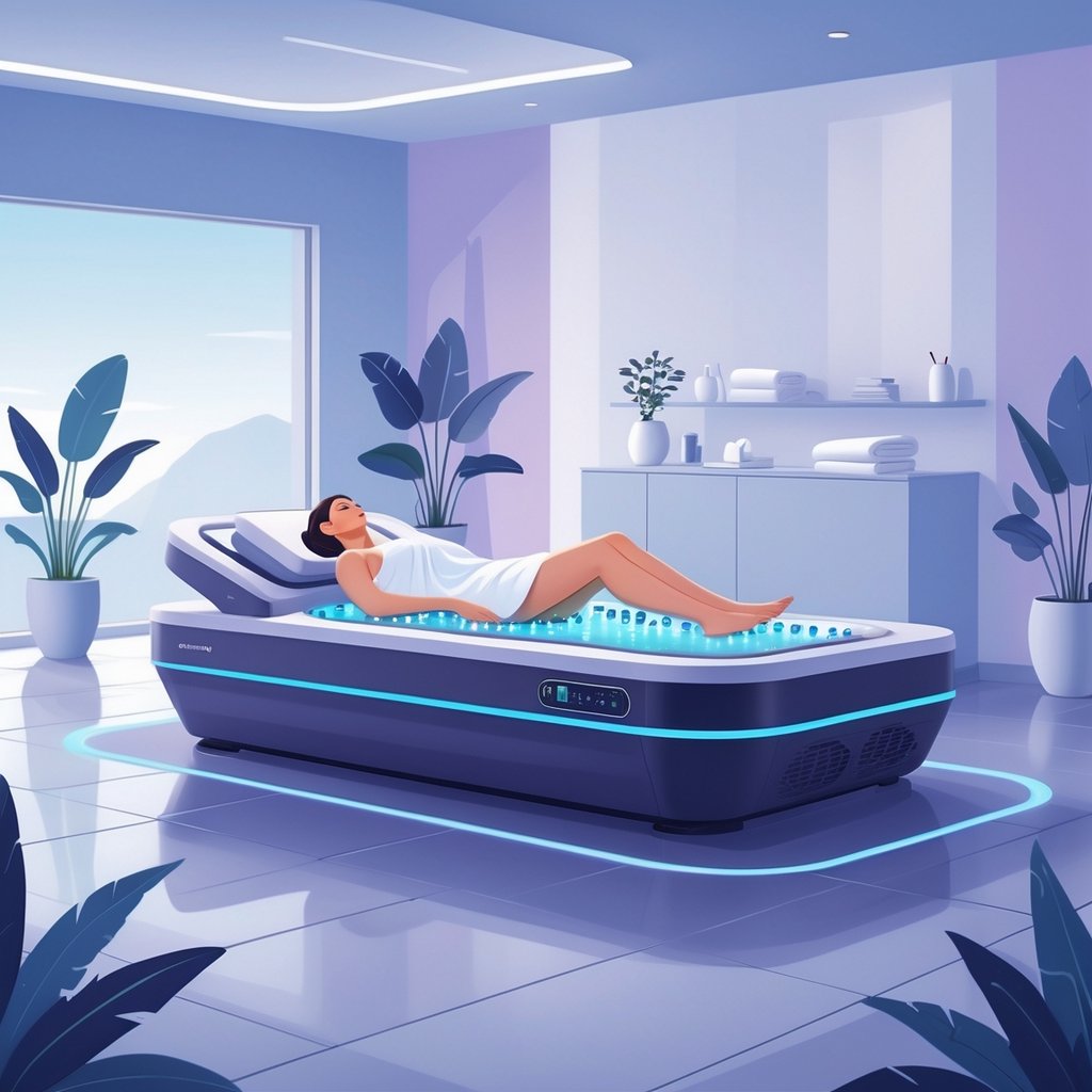 A person relaxing on a hydromassage bed in a calm and modern wellness room.