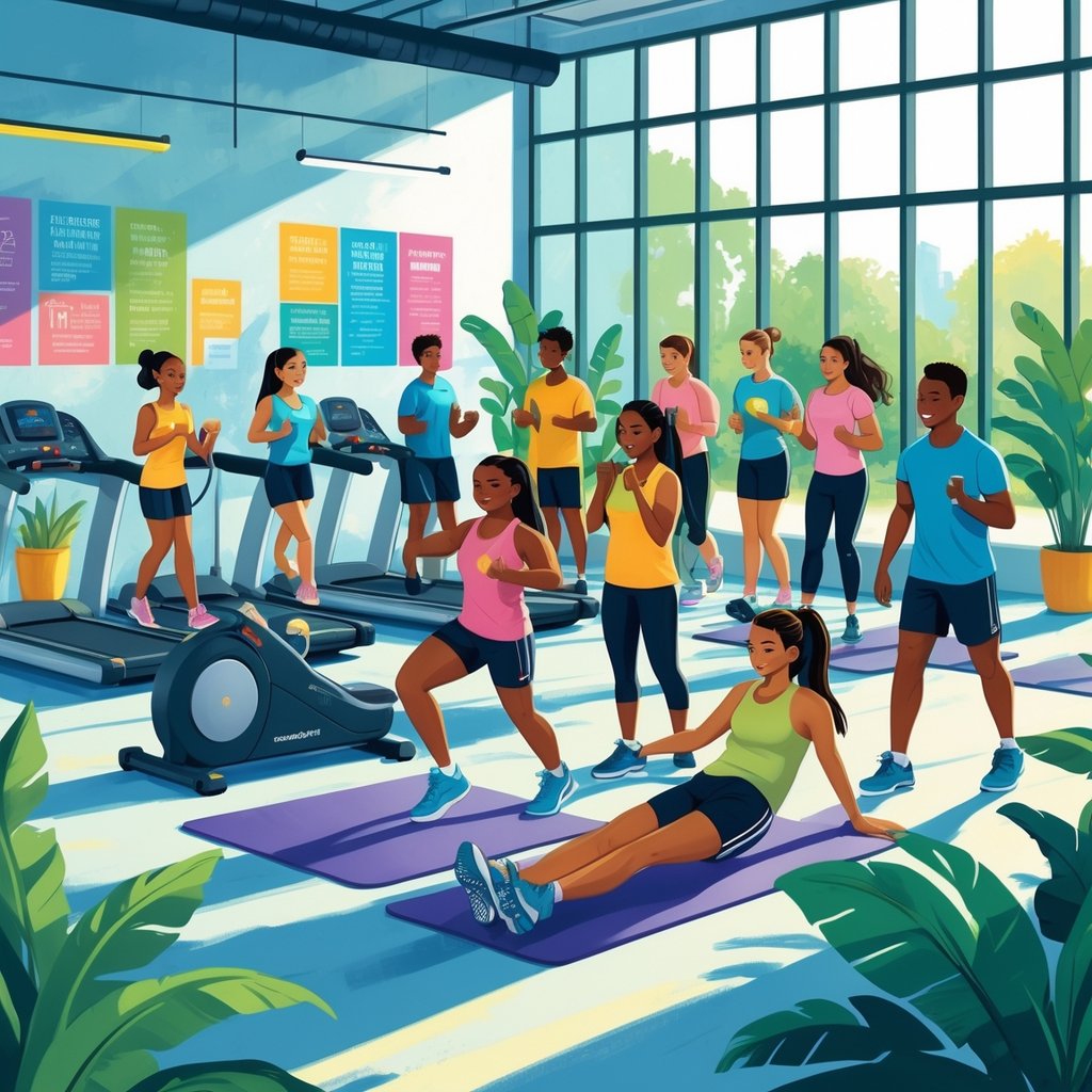 Teenagers exercising and stretching in a bright, modern gym with fitness instructors supervising.