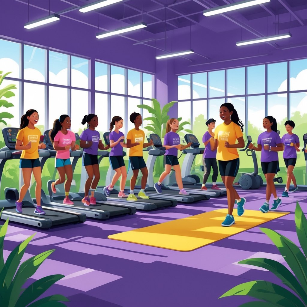 A group of diverse teenagers exercising and stretching in a bright gym with trainers, surrounded by fitness equipment and natural light.