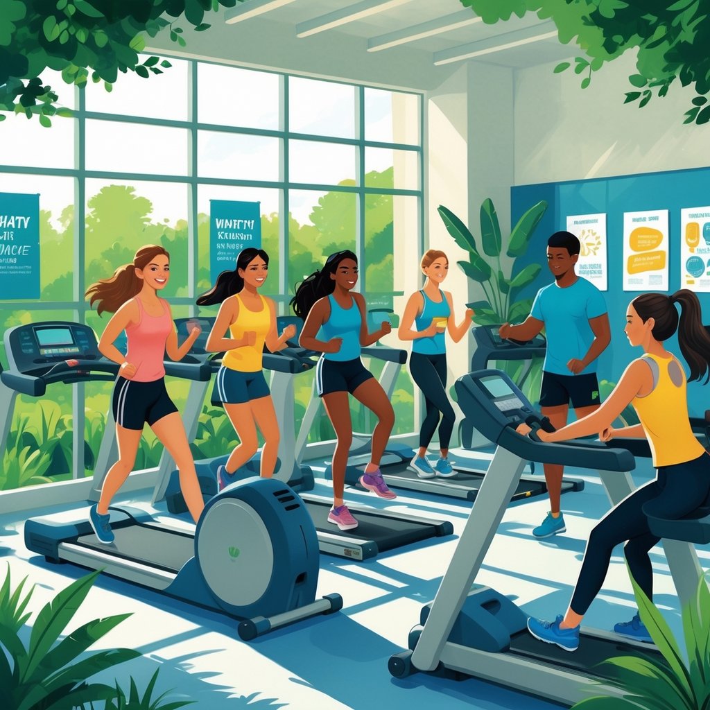 A group of diverse teenagers exercising together in a bright gym with a trainer, showing them using fitness equipment and enjoying the activity.