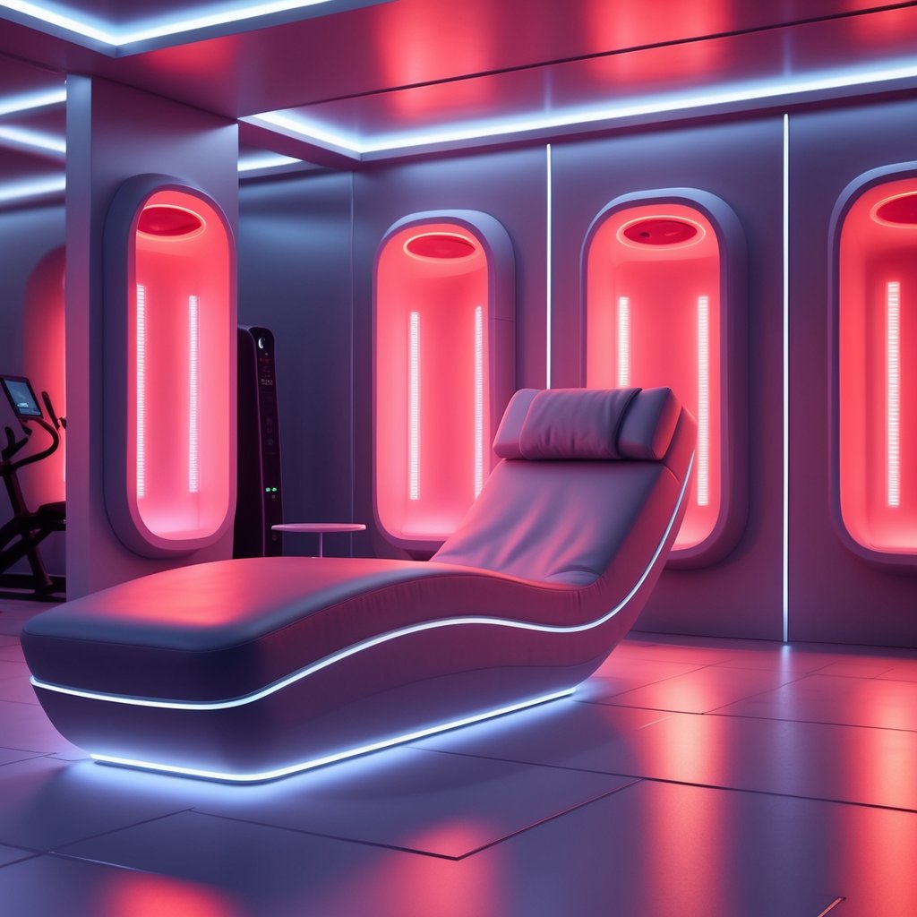 A modern wellness room with a lounge chair surrounded by glowing red light therapy panels.