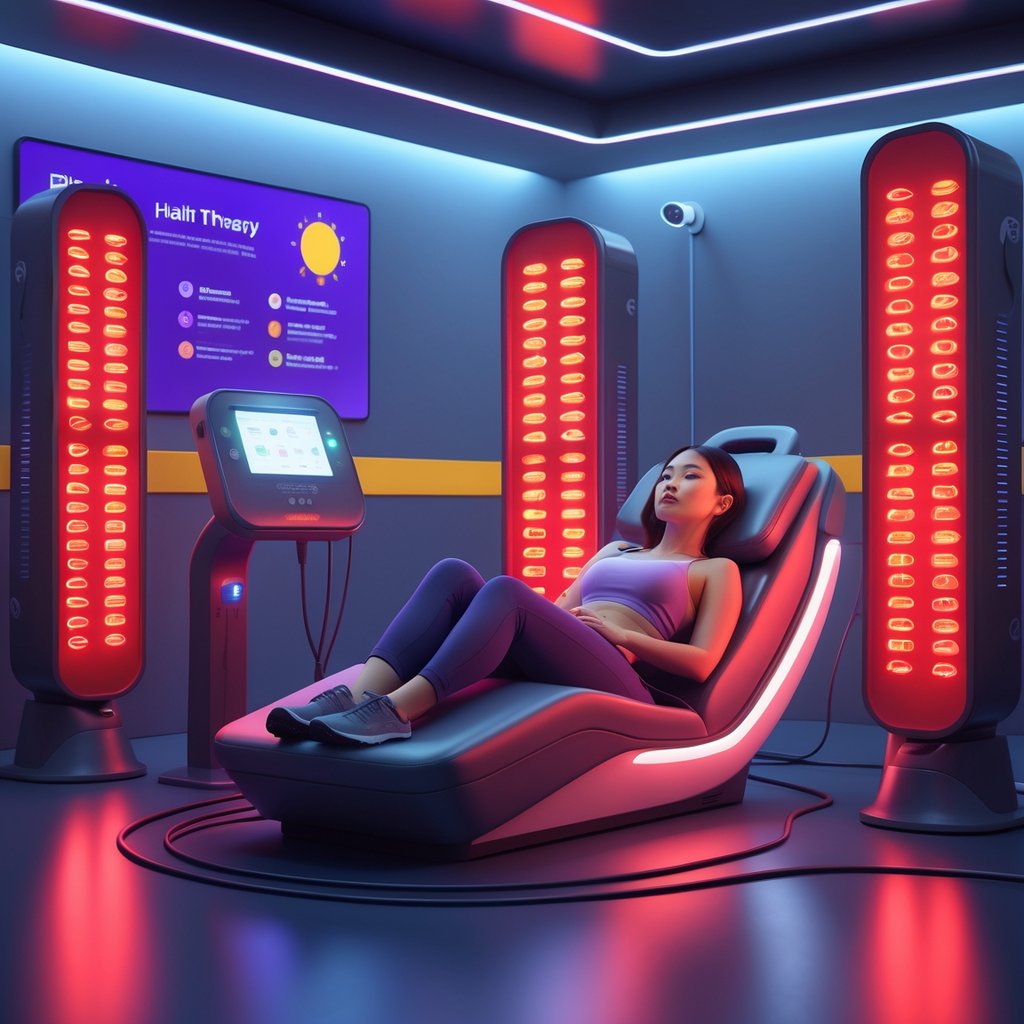 A person sitting in a modern therapy room receiving red light therapy from glowing red LED panels, with a digital control panel nearby and a calm, relaxed atmosphere.