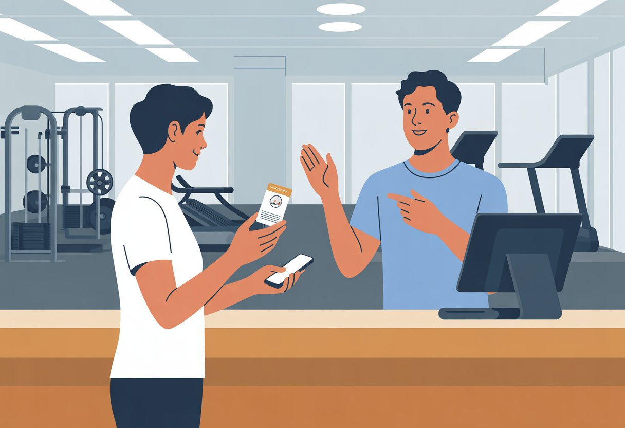 A person talking to a gym staff member at the front desk inside a gym, holding a membership card and a smartphone.