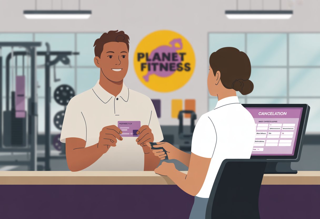 A person talking to a gym staff member at the Planet Fitness reception desk to cancel their membership.