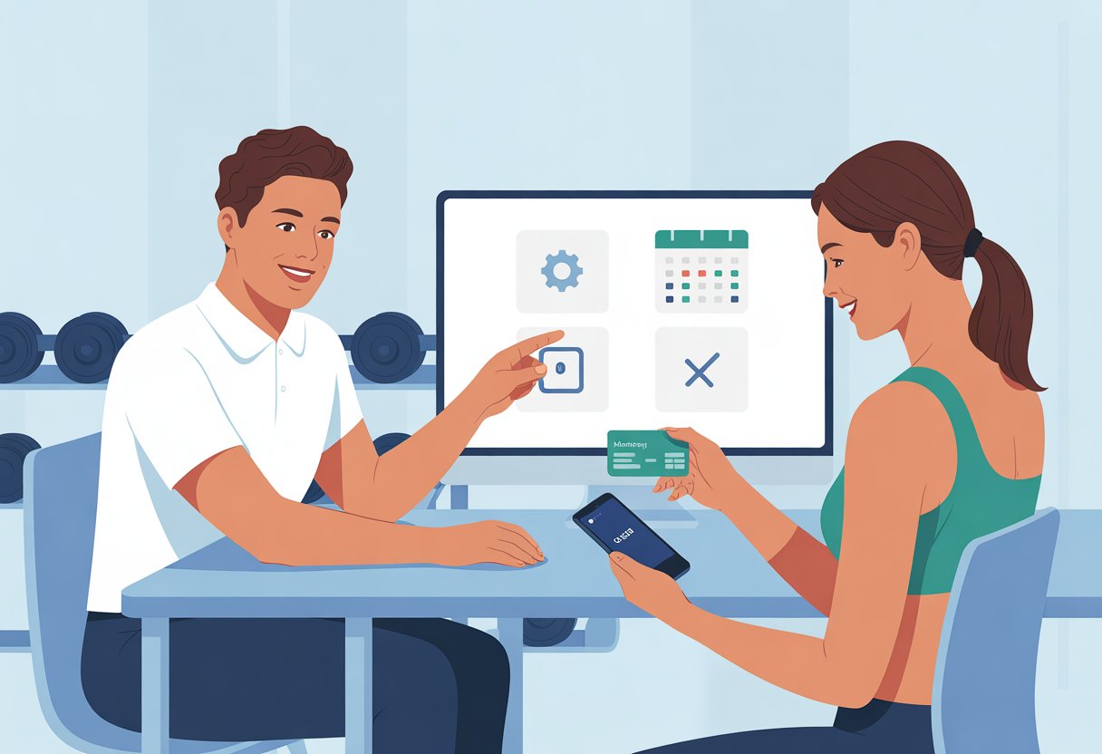 A gym member talking with a customer service representative at a desk inside a fitness center, discussing membership options.