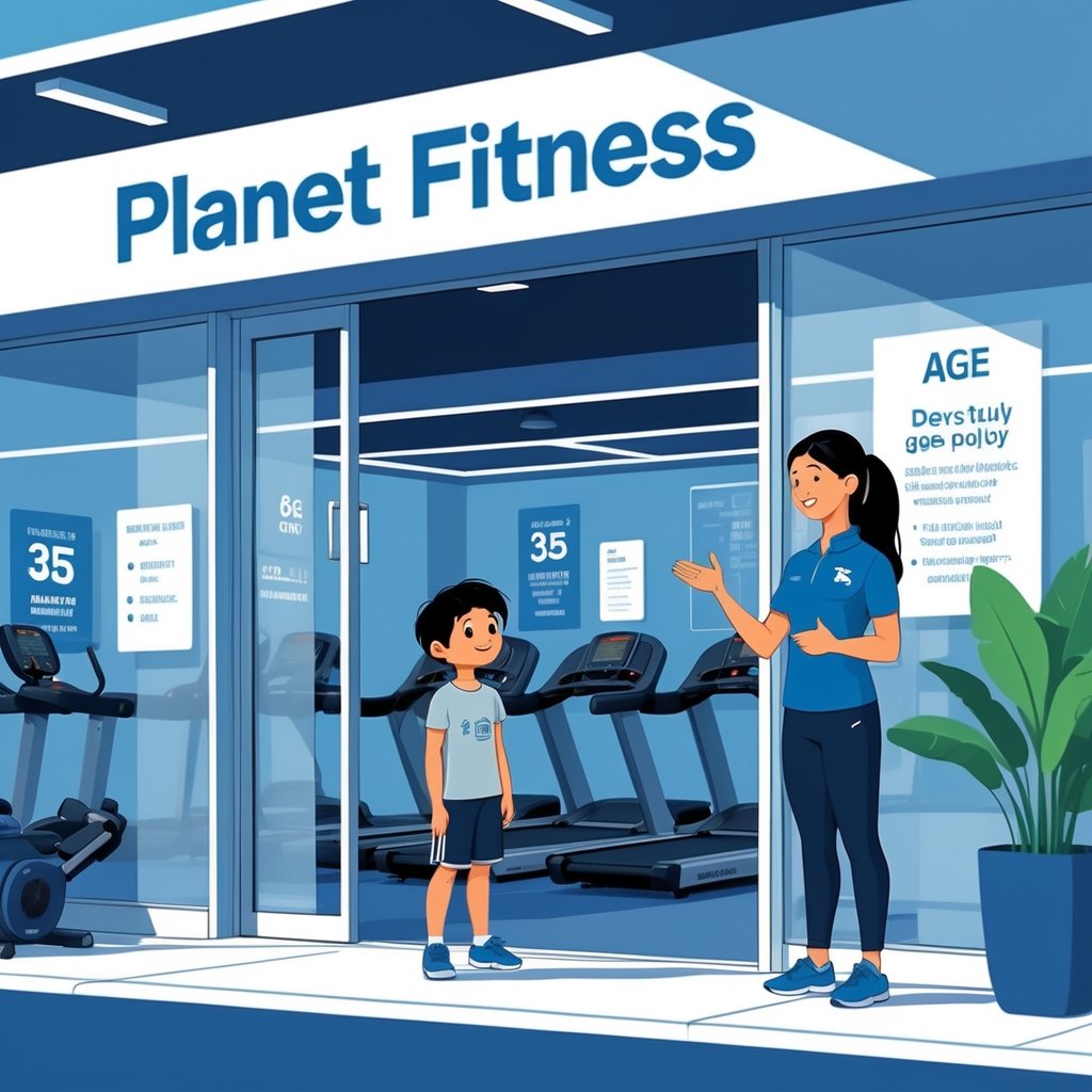 A 12-year-old child talks with a gym staff member outside the entrance of a Planet Fitness gym.