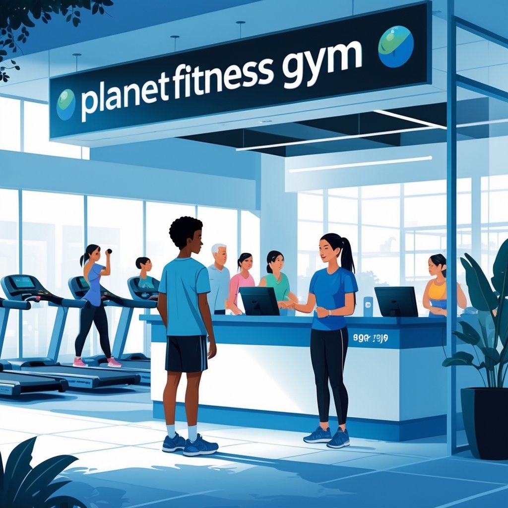 A child talking with a gym staff member at the reception of a Planet Fitness gym, with people exercising in the background.