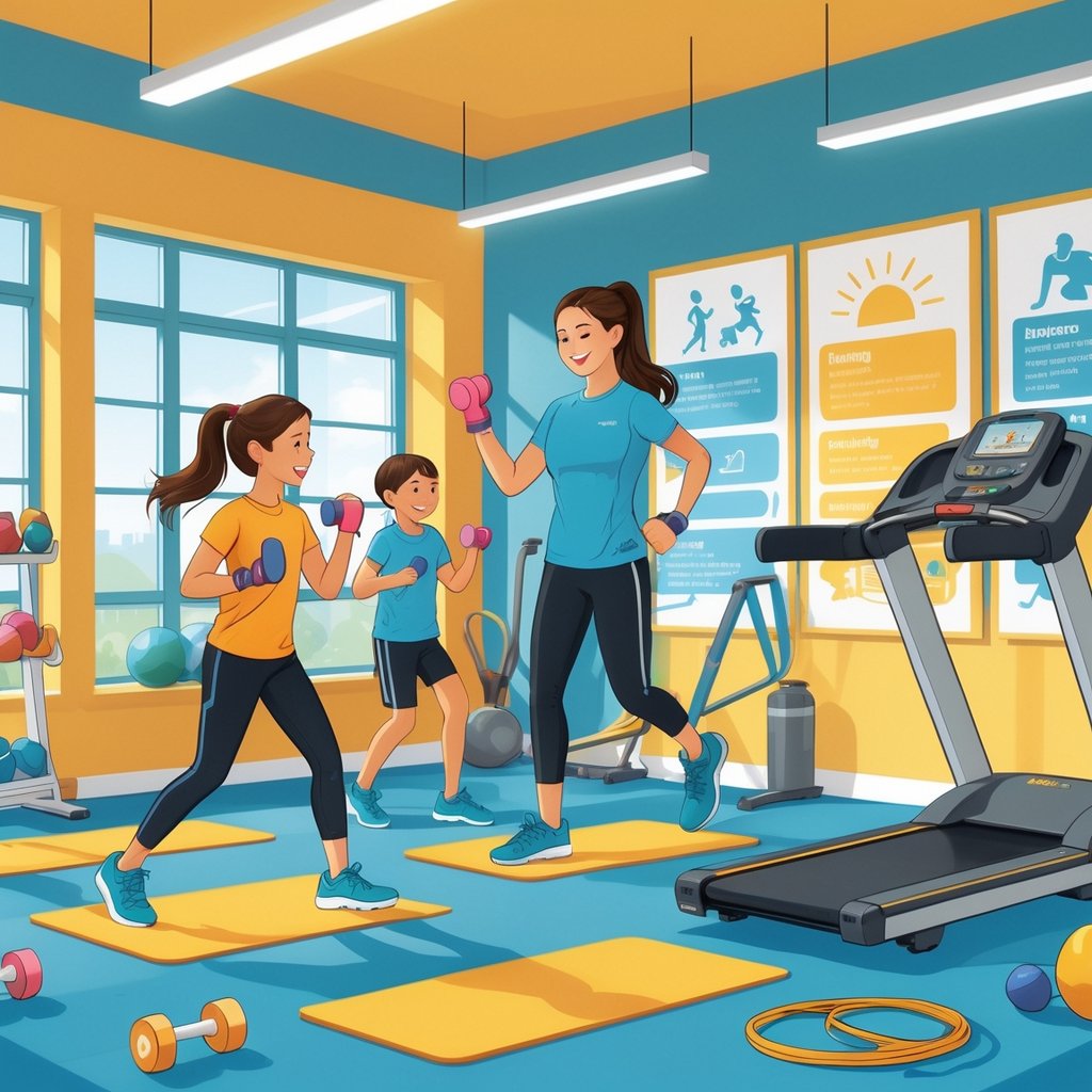 Two 12-year-old children exercising with a fitness instructor in a bright gym equipped with age-appropriate workout equipment.