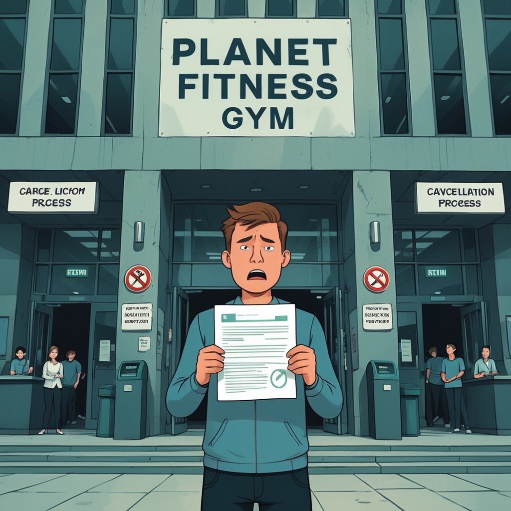 A frustrated person stands outside a Planet Fitness gym holding a contract, facing locked doors and a busy reception desk with indifferent staff and a long queue.