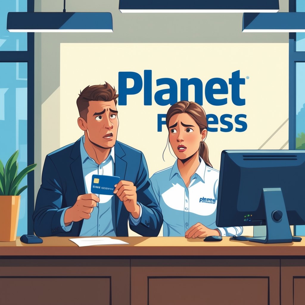 A person looking frustrated while talking to a gym receptionist at a counter with gym equipment in the background.