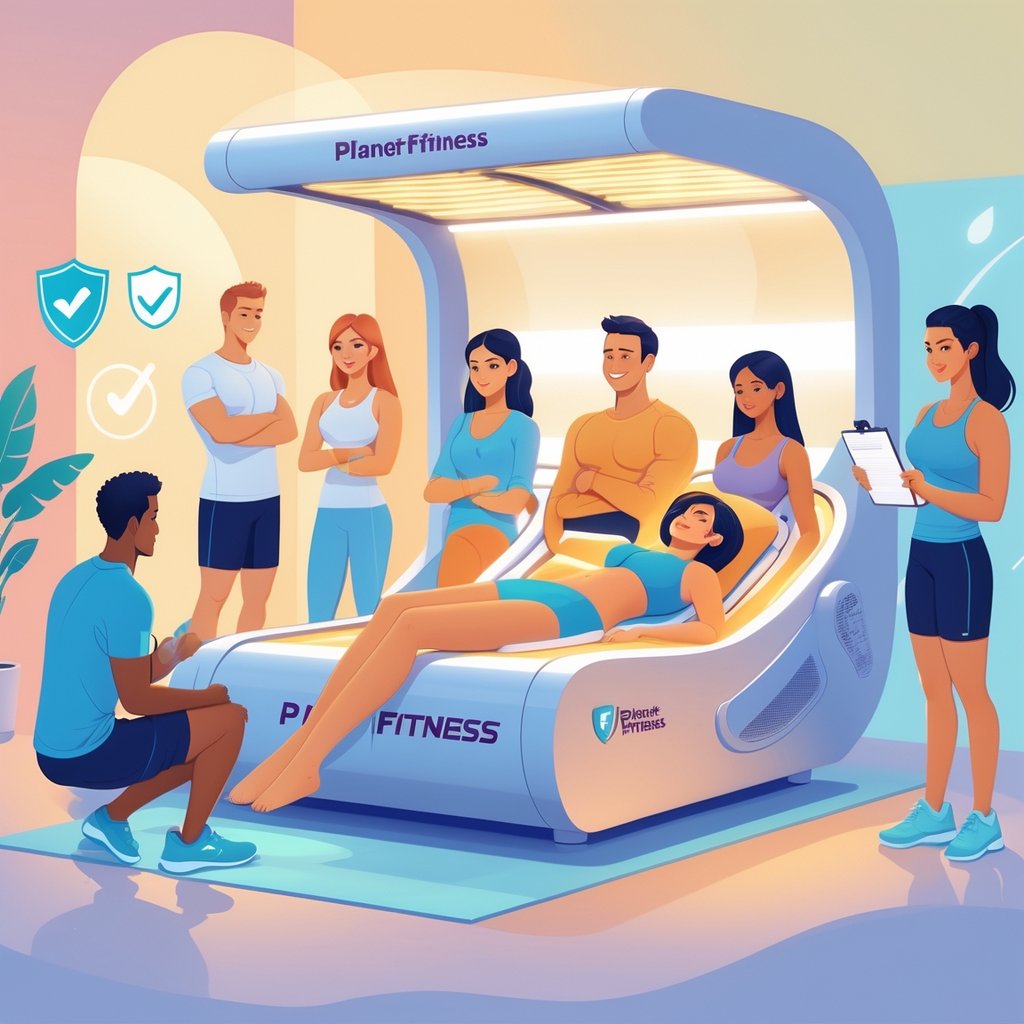 A clean tanning bed in a bright room with people preparing to use it and a health professional explaining safety guidelines.