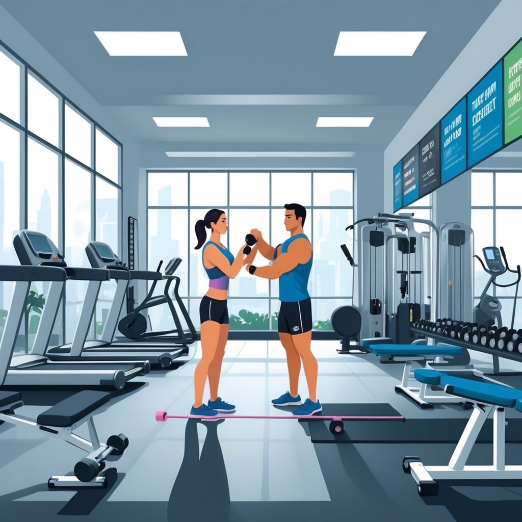 A personal trainer helping a client exercise in a gym with workout equipment.