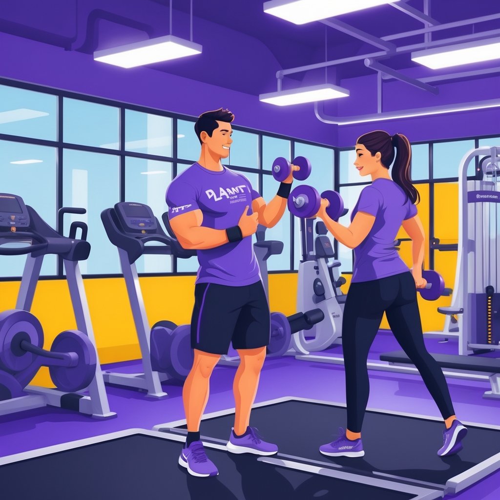A personal trainer assisting a client with exercises inside a clean and bright gym.