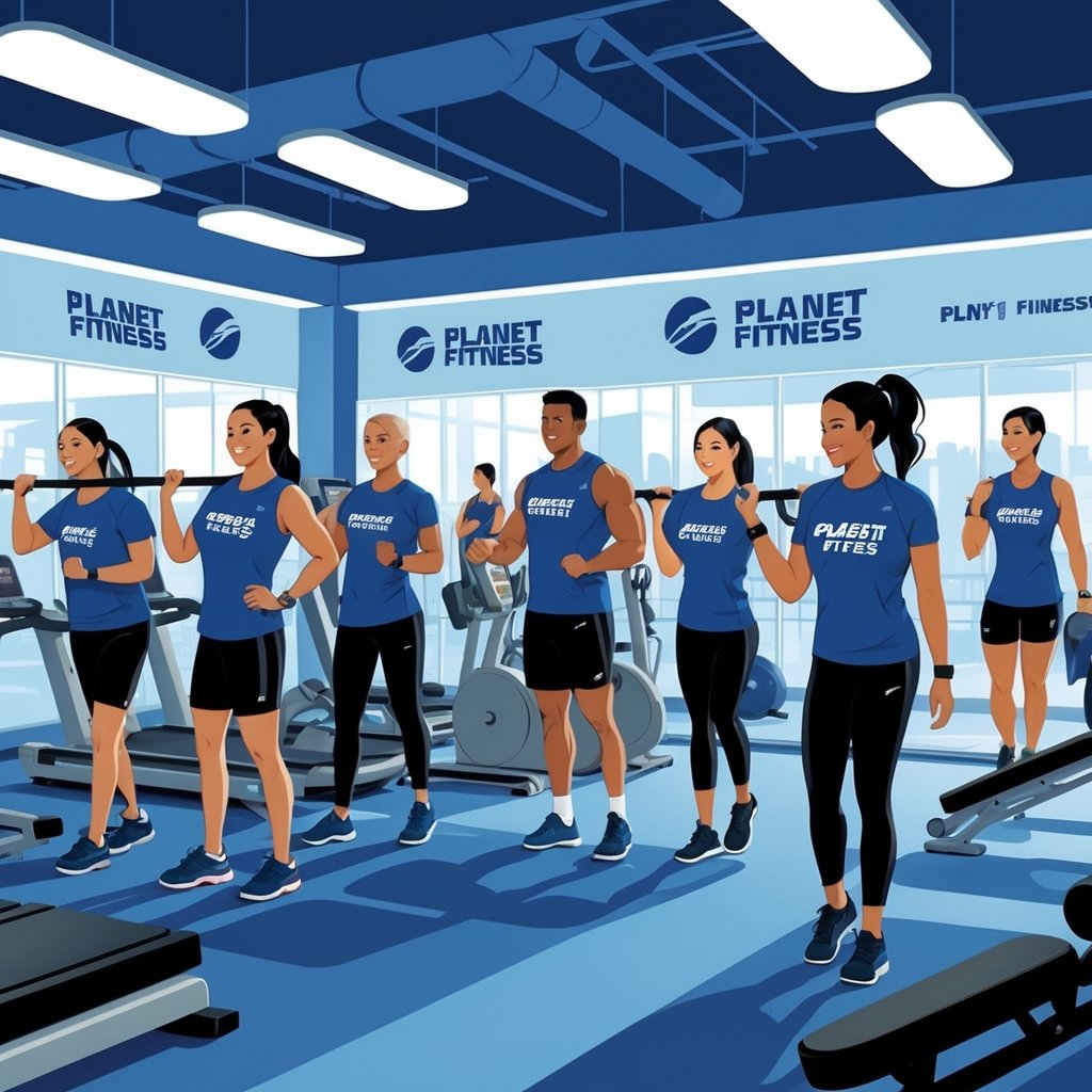 Trainers at a Planet Fitness gym helping diverse members with exercises in a bright and welcoming workout space.