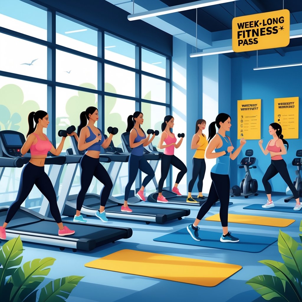 A gym scene with diverse people exercising using different fitness equipment in a bright and modern fitness center.