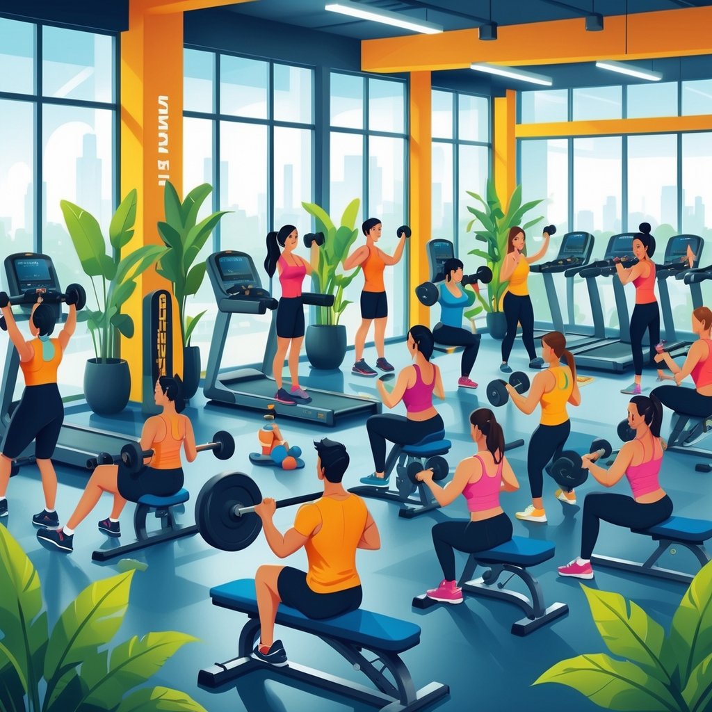 A diverse group of people exercising in a bright and modern gym with various workout equipment and a lively atmosphere.
