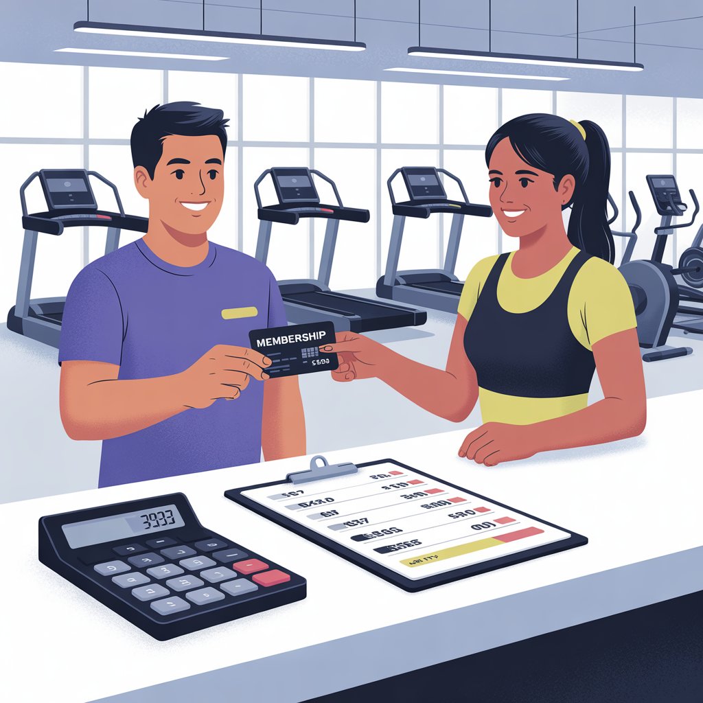 A gym reception area where a staff member is handing a membership card to a customer, with gym equipment visible in the background.