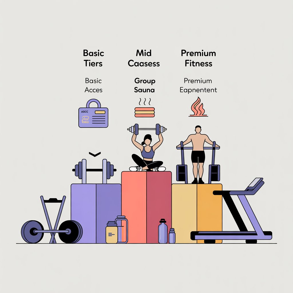 An illustration showing three different gym membership levels represented by podiums with icons of gym equipment and amenities around them.