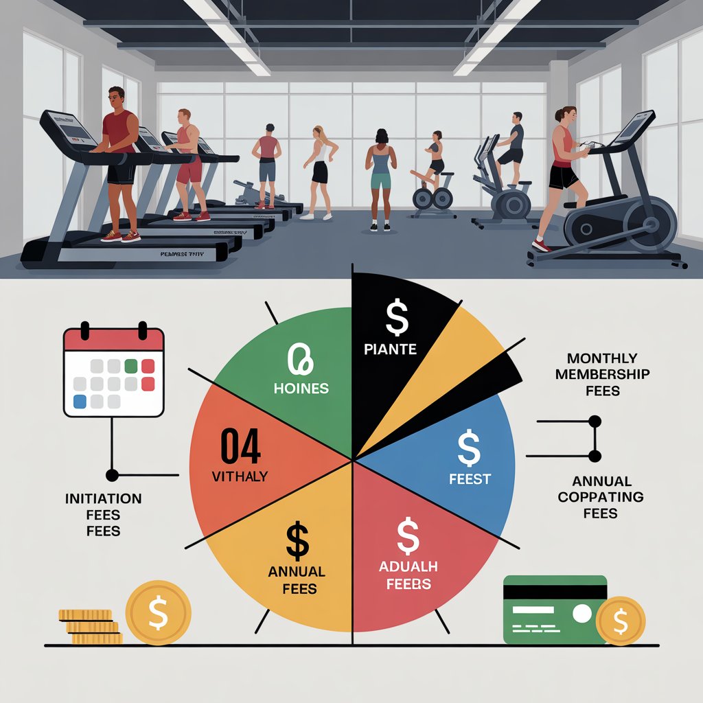 An infographic showing a breakdown of Planet Fitness membership costs with a pie chart and gym equipment in the background.