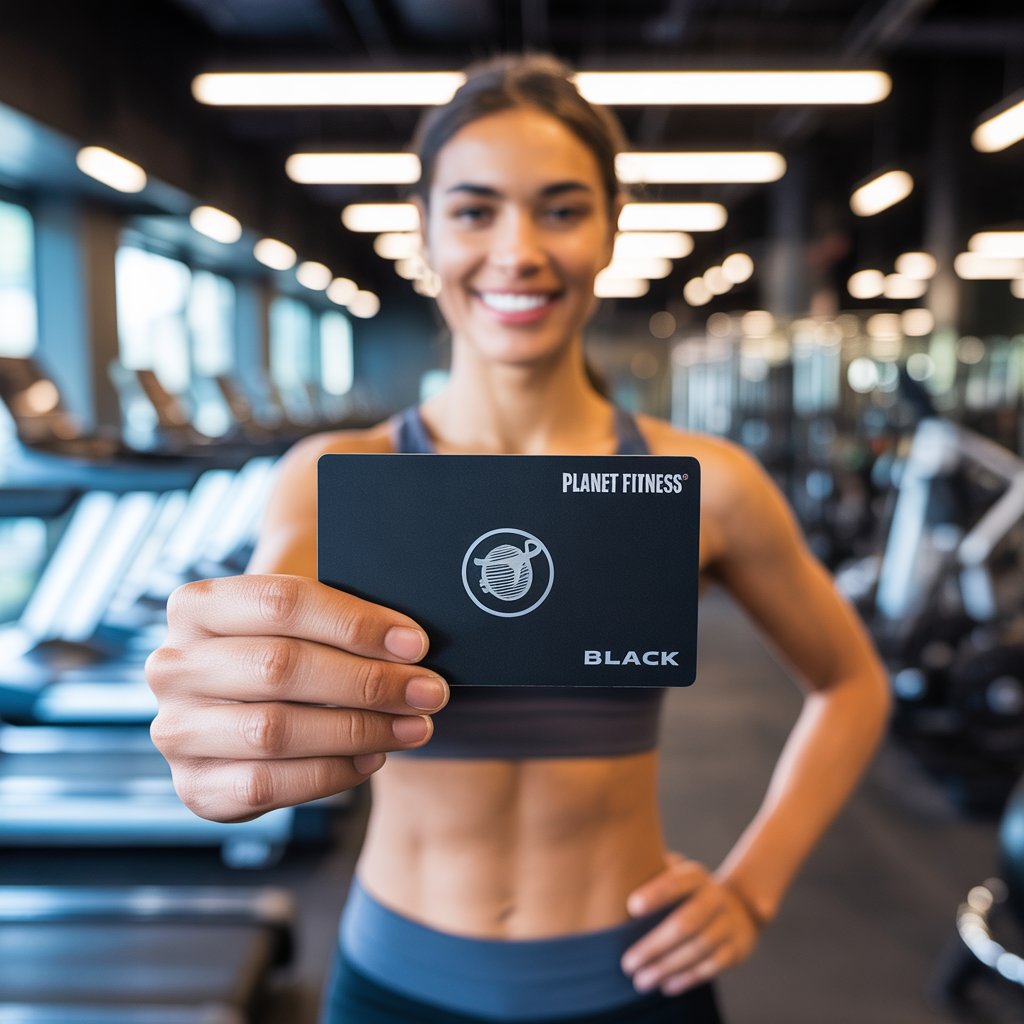 A person holding a black Planet Fitness membership card in a gym with workout equipment in the background.