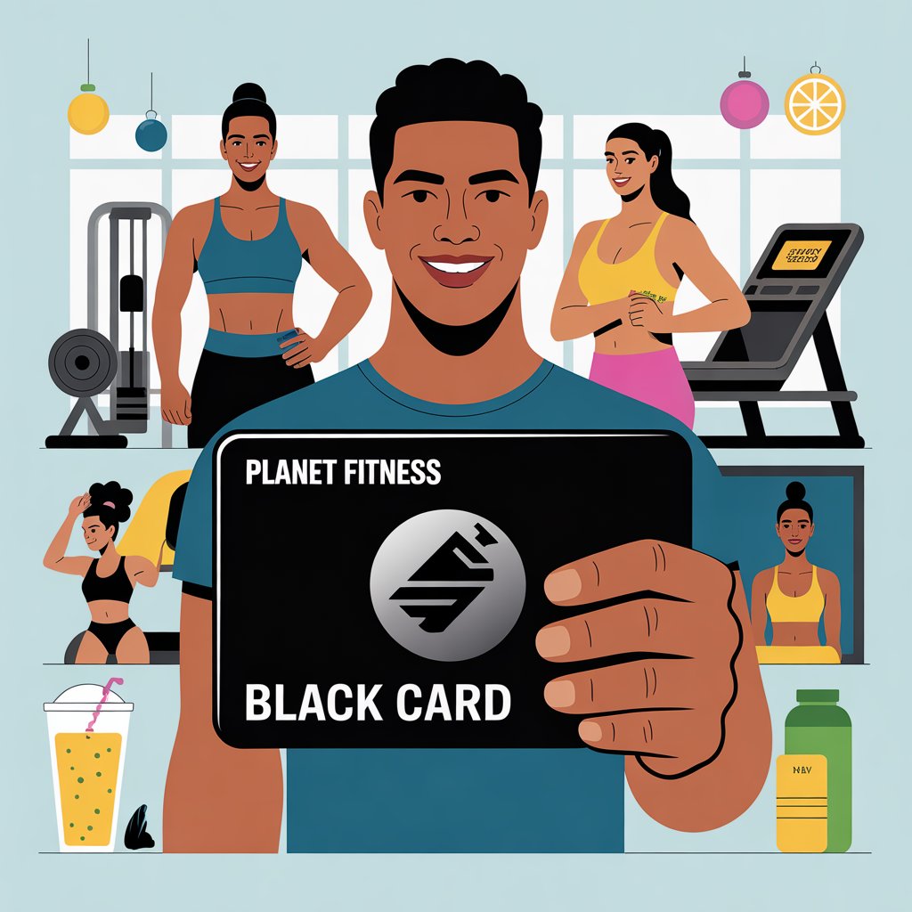 People in a modern gym with one person holding a black membership card, surrounded by gym equipment and amenities.